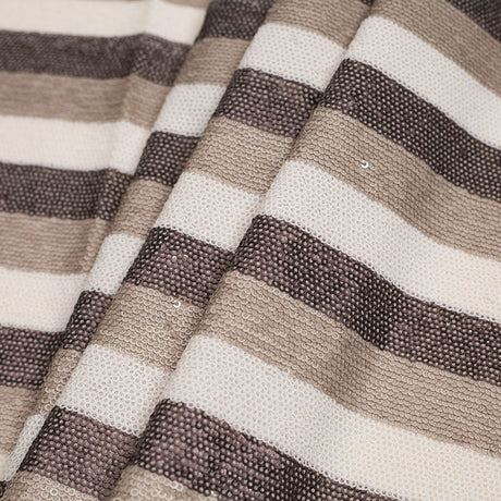 Beige/Brown/White Striped Baby Sequins on Polyester Mesh