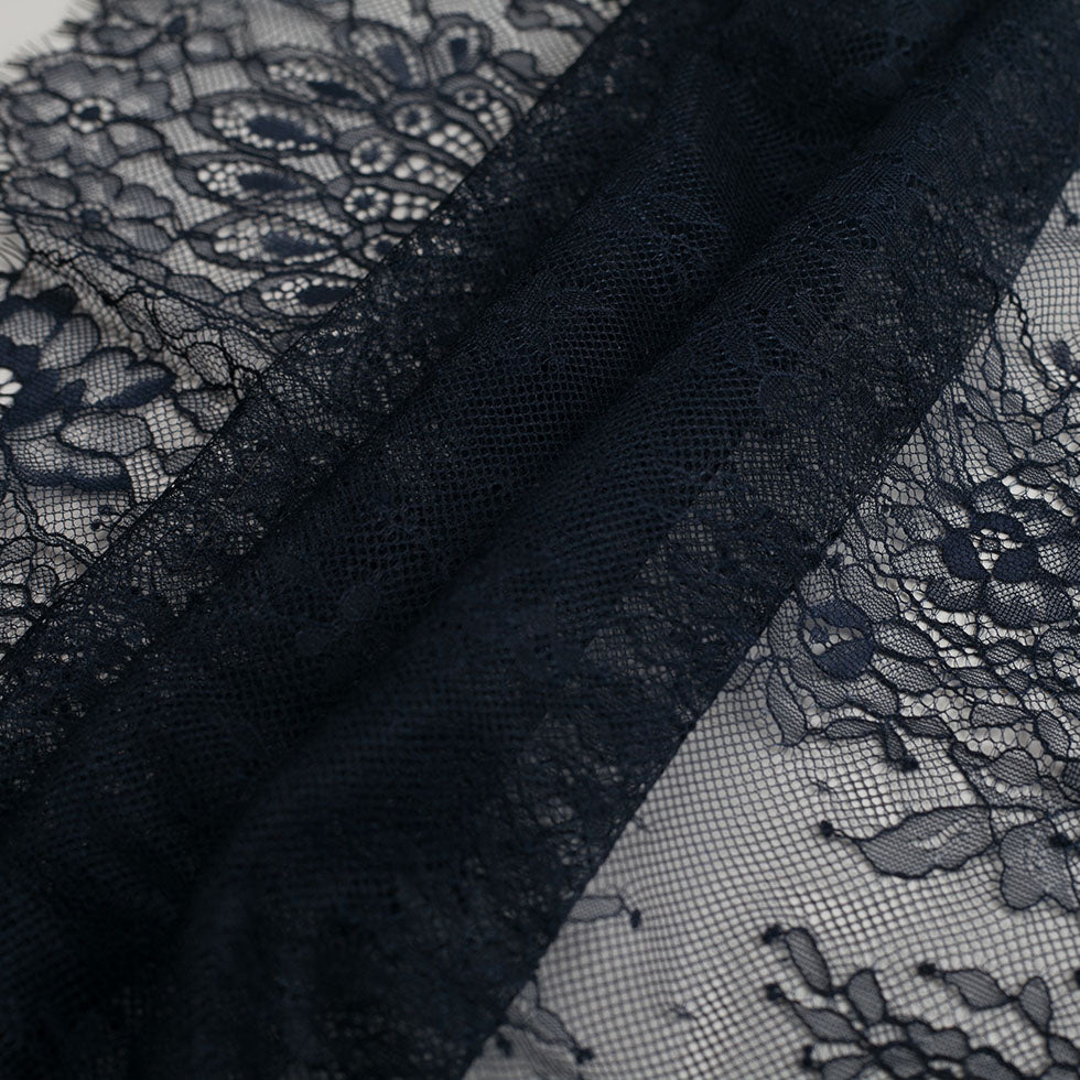 Re-Embroidered Lace with Scalloped Edge - Navy Floral