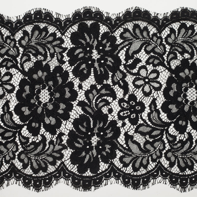 9" Jet Black Scallop-Edged Floral Lace Trim
