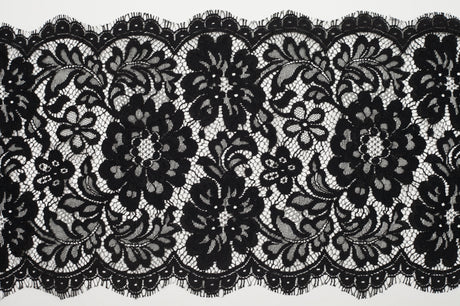 9" Jet Black Scallop-Edged Floral Lace Trim