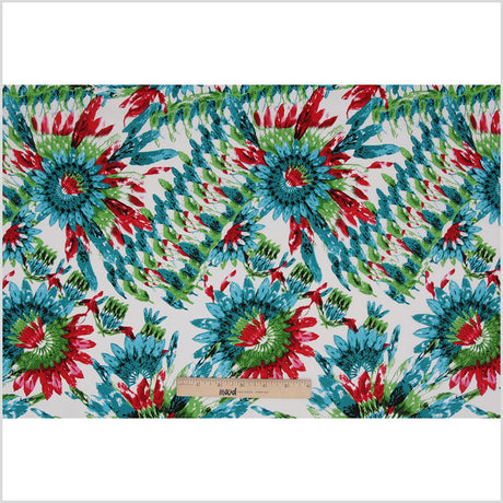 Teal/Green/Red Feather Printed Stretch Cotton Twill