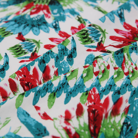 Teal/Green/Red Feather Printed Stretch Cotton Twill