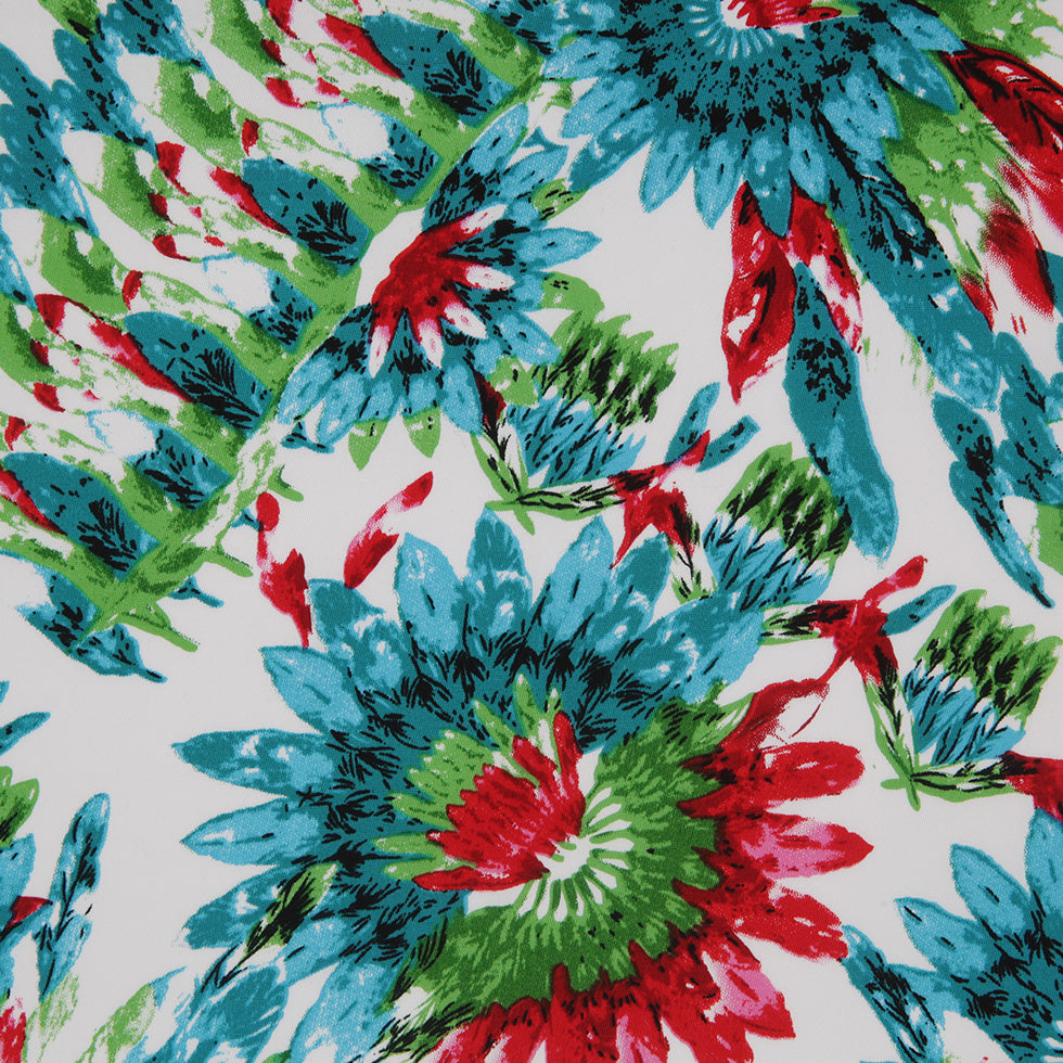 Teal/Green/Red Feather Printed Stretch Cotton Twill
