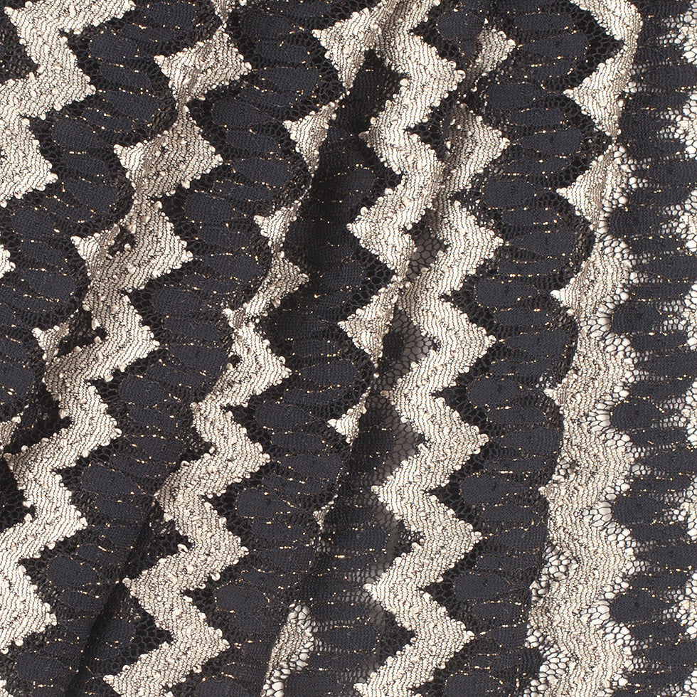 Metallic Black/Cream Zig-Zag Stretch Polyester Lacey Knit
