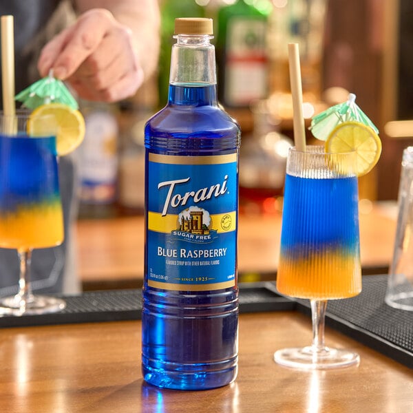 Torani Sugar-Free Blue Raspberry Flavoring / Fruit Syrup Plastic Bottle 1 Liter - 6/Case