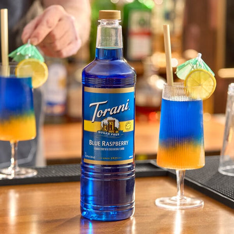 Torani Sugar-Free Blue Raspberry Flavoring / Fruit Syrup Plastic Bottle 1 Liter - 6/Case