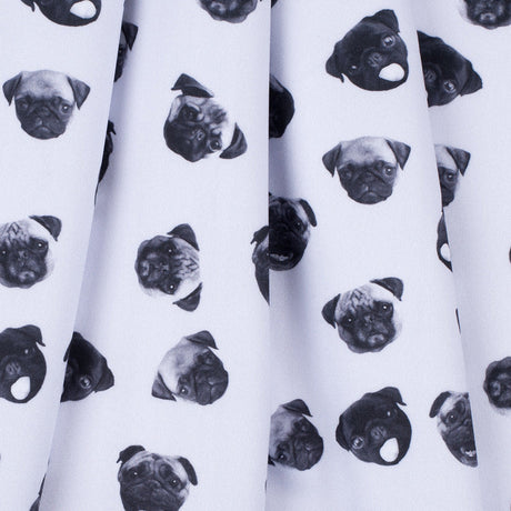 Black/White Digitally Printed Pugs Stretch Neoprene/Scuba Knit