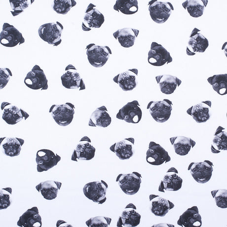 Black/White Digitally Printed Pugs Stretch Neoprene/Scuba Knit