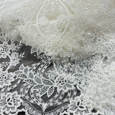 1 Yard Premium Corded Bridal Lace Fabric Embroidered on 100% Polyester Net Mesh White