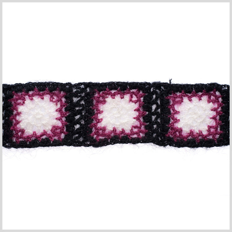 Black/Magenta/White Squares Crochet Lace Trim