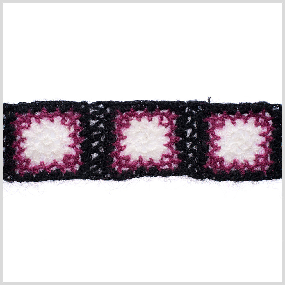 Black/Magenta/White Squares Crochet Lace Trim