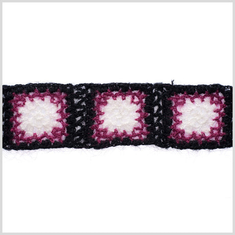 Black/Magenta/White Squares Crochet Lace Trim