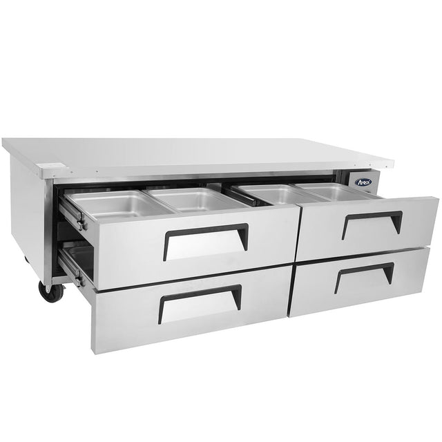 Atosa MGF8454GR Two Section Side Mount Refrigerated Chef Base 76"W X 32-1/16"D X 26-19/32"H w/4 Drawers and Extended Top