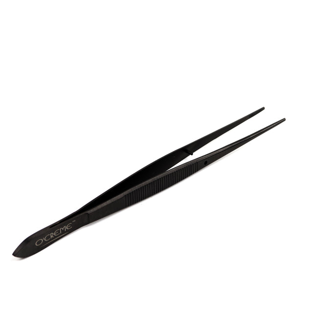 O'Creme Stainless Steel Black Straight Fine Tip Tweezers, 6.25"