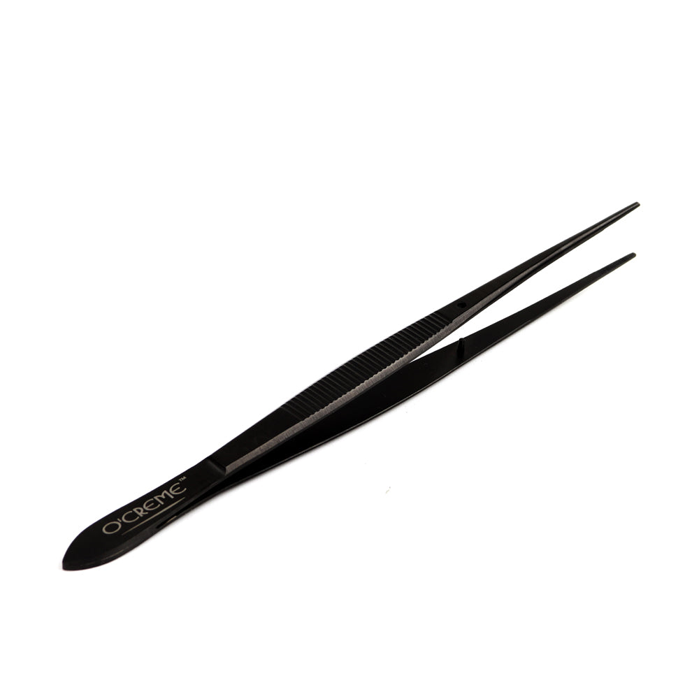 O'Creme Stainless Steel Black Straight Fine Tip Tweezers, 6.25"