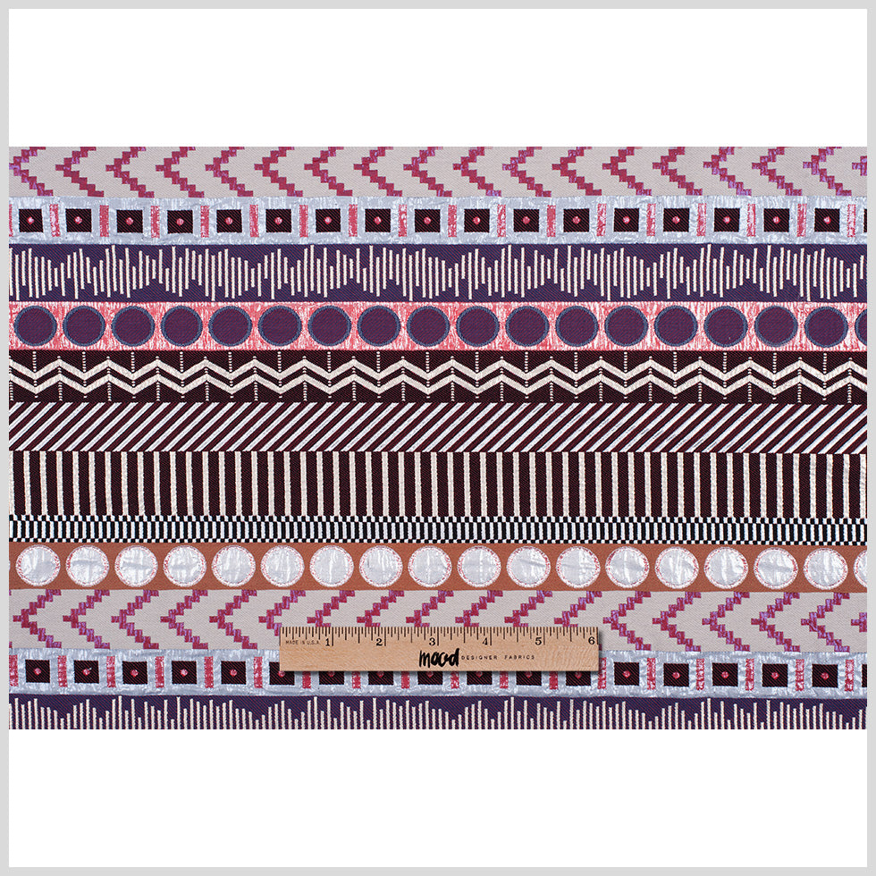 French Metallic Red/Beige Striped Geometric Jacquard