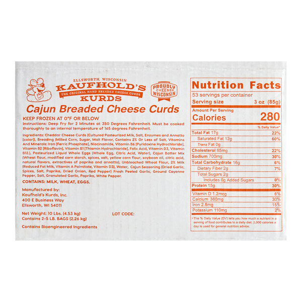Kaufhold's Kurds Breaded Cajun Cheese Curds 5 lb. - 2/Case