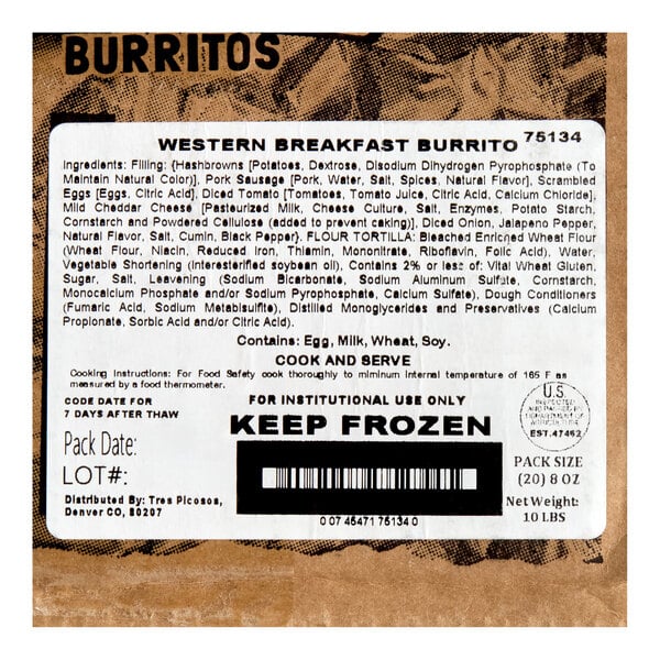 Tres Picosos Foil-Wrapped Western Breakfast Burrito 8 oz. - 20/Case