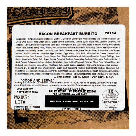 Tres Picosos Foil-Wrapped Bacon Breakfast Burrito 8 oz. - 20/Case
