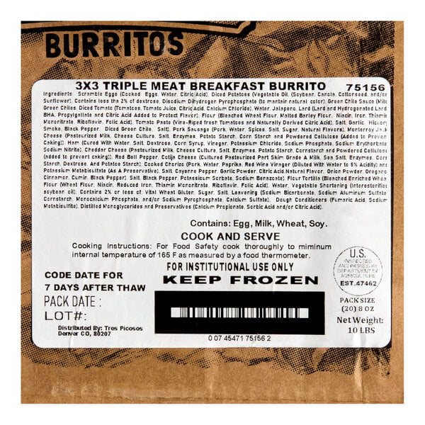Tres Picosos Foil-Wrapped 3X3 Triple Meat Breakfast Burrito 8 oz. - 20/Case