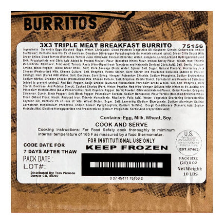 Tres Picosos Foil-Wrapped 3X3 Triple Meat Breakfast Burrito 8 oz. - 20/Case
