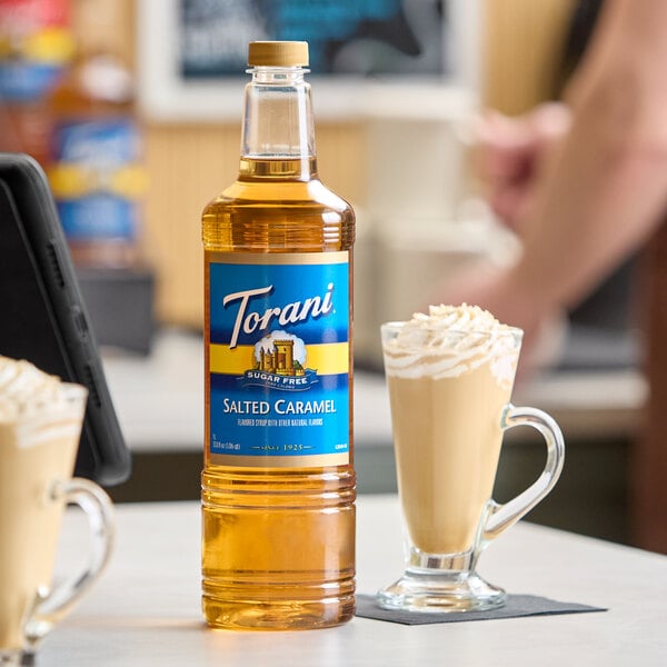 Torani Sugar-Free Salted Caramel Flavoring Syrup Plastic Bottle 1 Liter - 6/Case