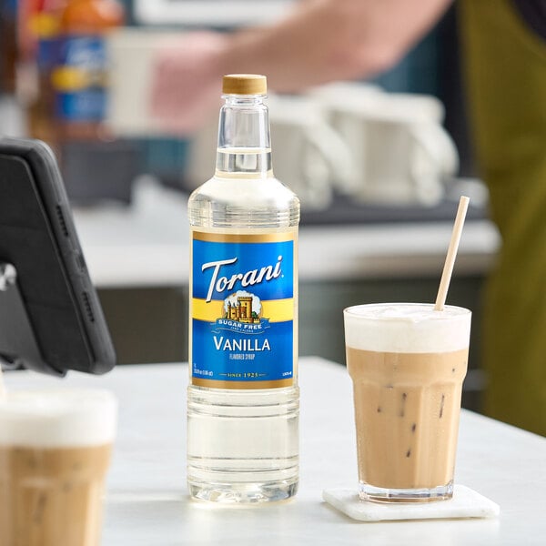 Torani Sugar-Free Vanilla Flavoring Syrup Plastic Bottle 1 Liter - 6/Case