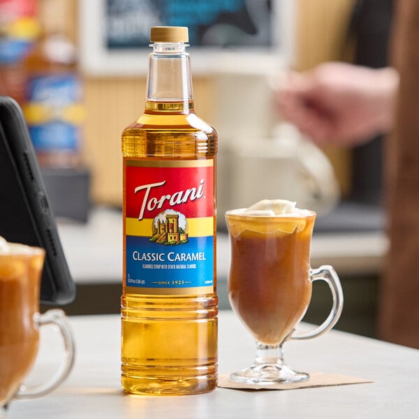 Torani Classic Caramel Flavoring Syrup Plastic Bottle 1 Liter - 6/Case