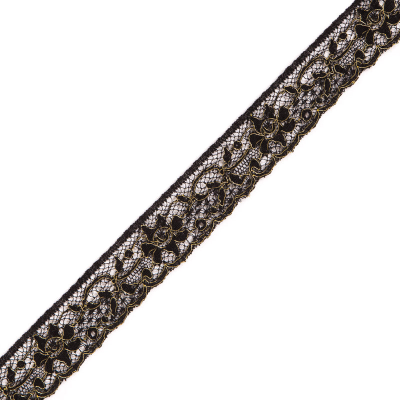 Black and Gold Corded Lace Trimming - 1"