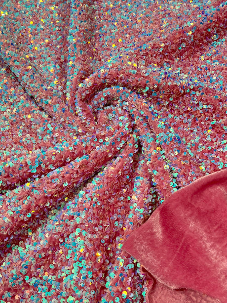 All-Over 5Mm Shiny Sequins Stretch Velvet Fabric - Sequins On Velvet, 54" Width (1 Yard)
