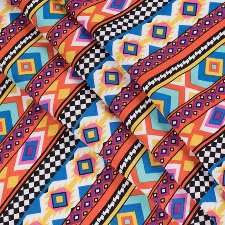 Orange/Blue Geometric Stripes Printed Rayon Woven
