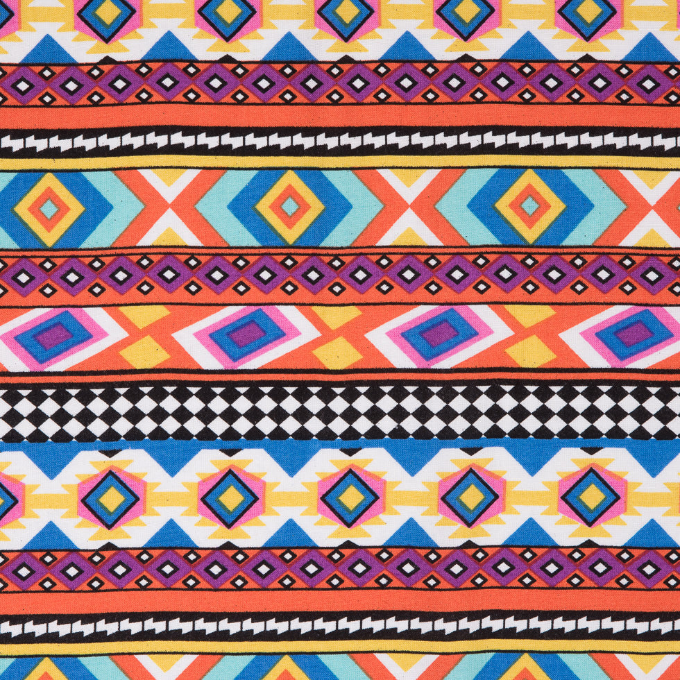 Orange/Blue Geometric Stripes Printed Rayon Woven