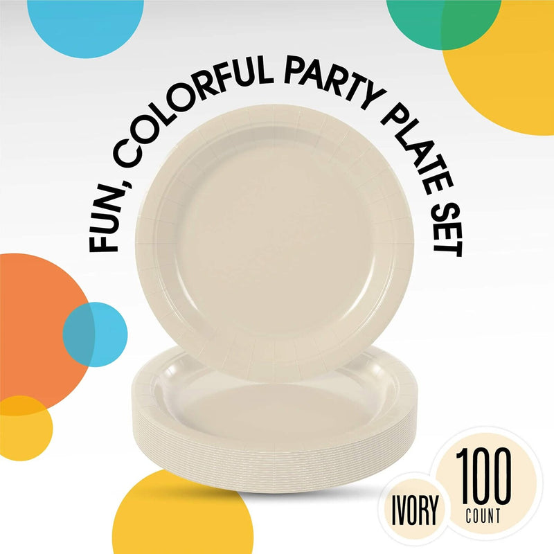 100 Count Ivory Paper Plates 7 Inch – Sturdy Disposable Party Plates for All Occasions