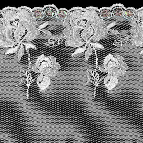White Floral Embroidery on Mesh with Sequins - 6"