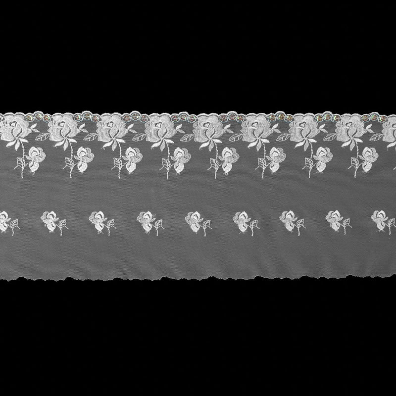 White Floral Embroidery on Mesh with Sequins - 6"