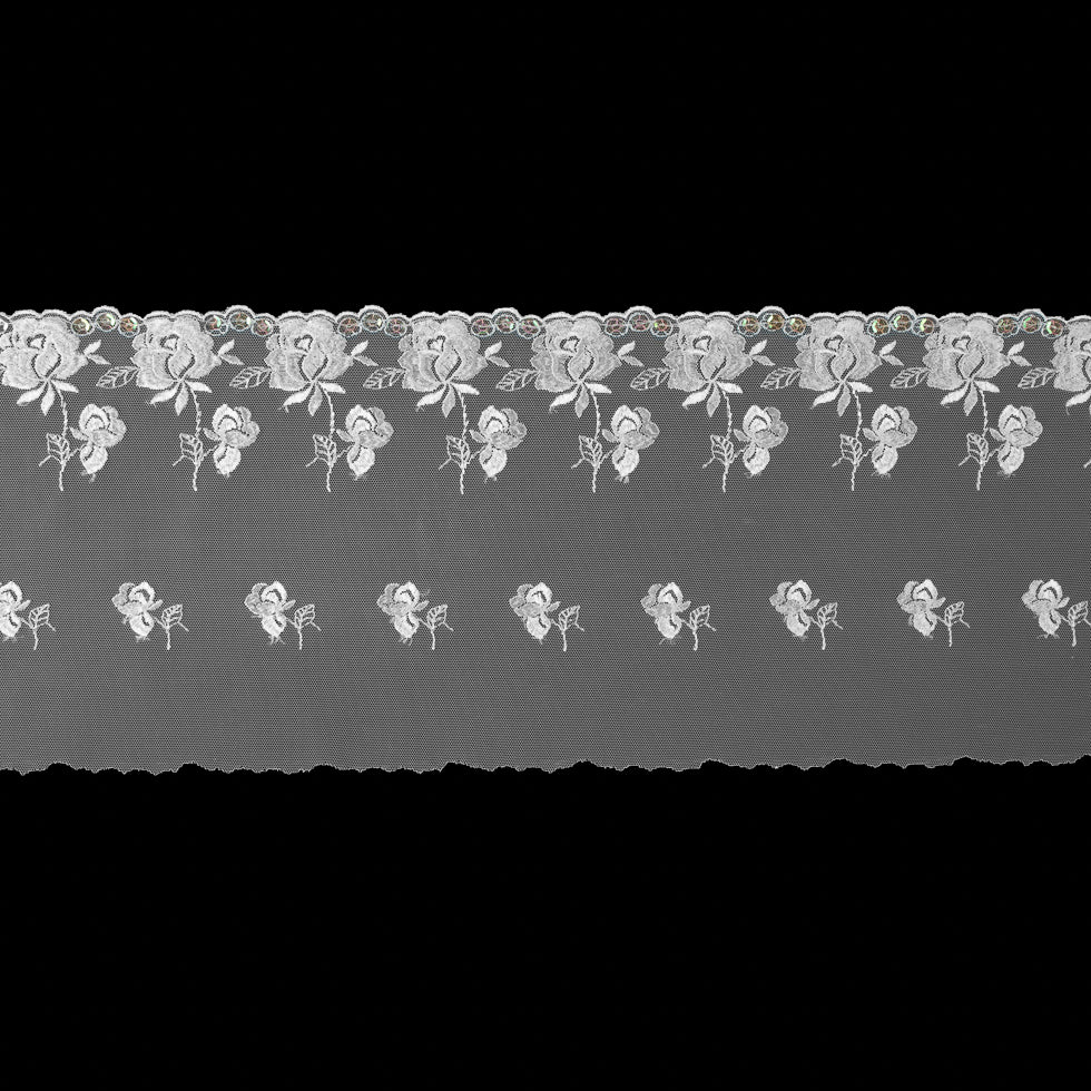 White Floral Embroidery on Mesh with Sequins - 6"