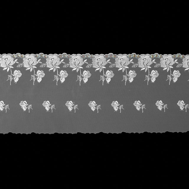 White Floral Embroidery on Mesh with Sequins - 6"