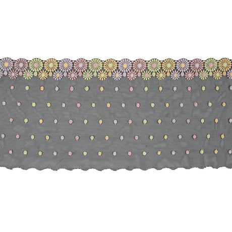 Pastel Floral Embroidery on Black Mesh - 6.5"