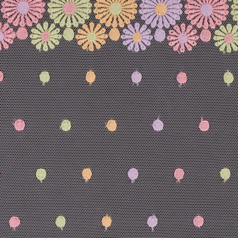 Pastel Floral Embroidery on White Mesh - 6.5"