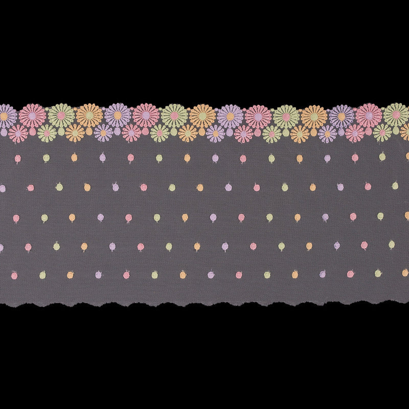 Pastel Floral Embroidery on White Mesh - 6.5"