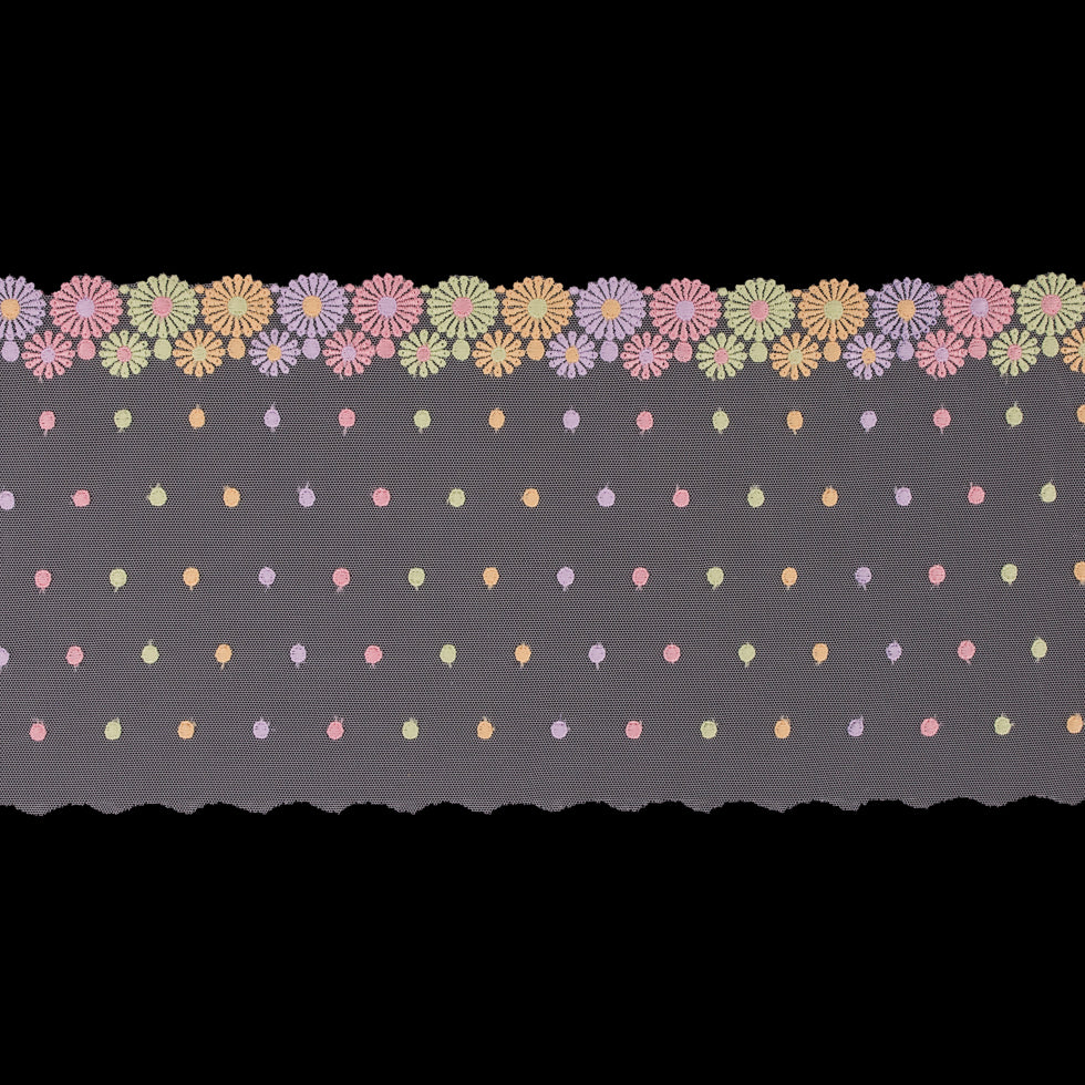 Pastel Floral Embroidery on White Mesh - 6.5"