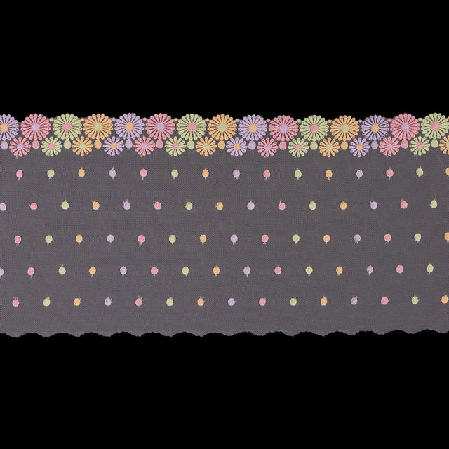 Pastel Floral Embroidery on White Mesh - 6.5"