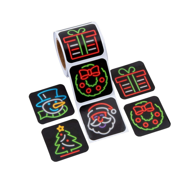 1 1/2" Neon Noel Christmas Icons Paper Sticker Roll 100 Pc