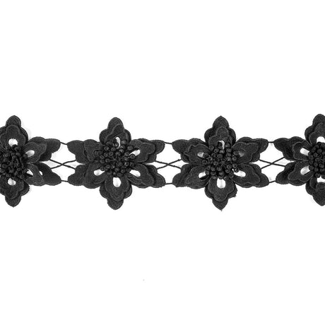 Black 3D Floral Lace Trim - 3.75"