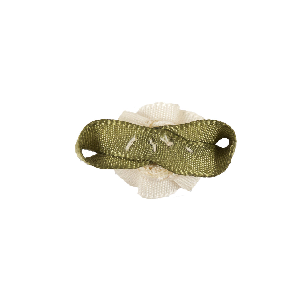 Antique White and Green Ribbon Flower Applique - 1"