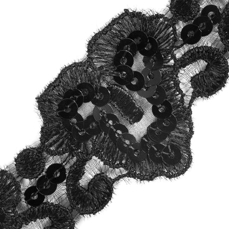 Black Embroidered Organza Sequin Trim - 1.5"