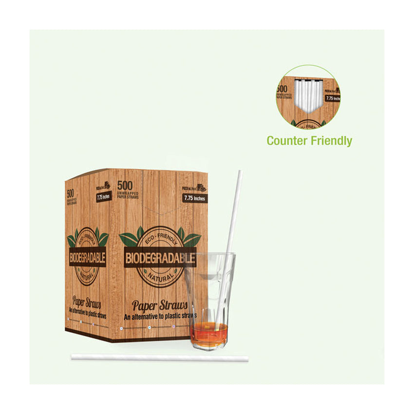 Packnwood Durable Unwrapped Solid White Paper Straws, .2" Dia. x 7.75", Case of 3000