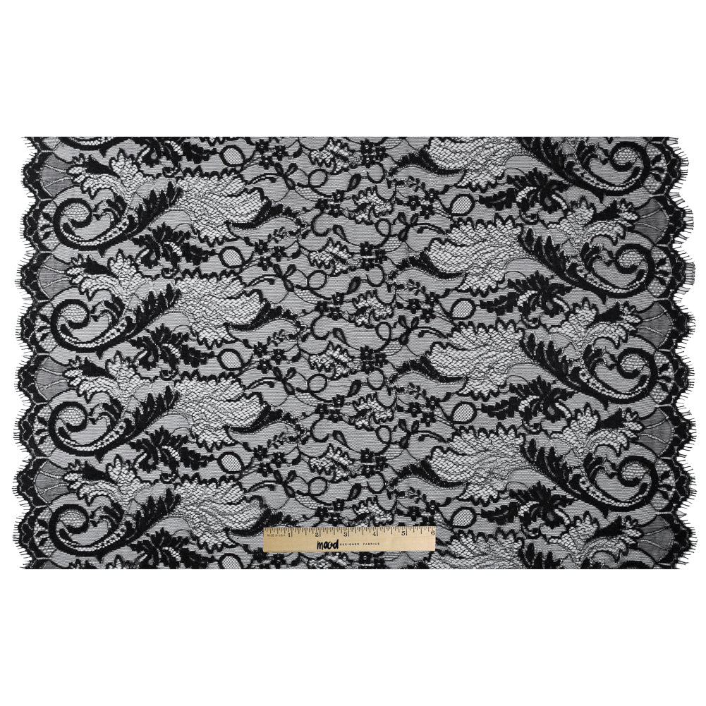 Re-Embroidered Lace with Scalloped Eyelash Edges 23" - Black Leaves