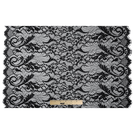 Re-Embroidered Lace with Scalloped Eyelash Edges 23" - Black Leaves