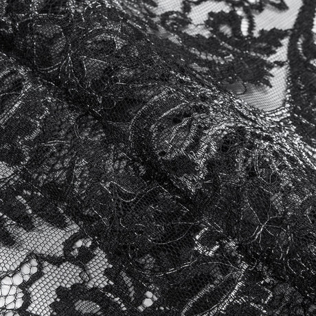 Re-Embroidered Lace with Scalloped Eyelash Edges 23" - Black Leaves